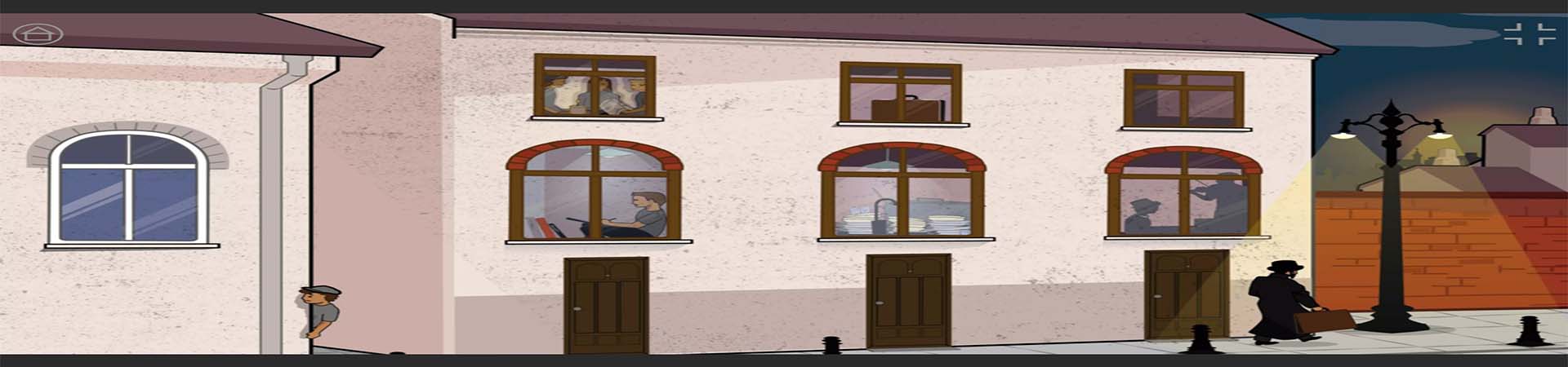 קיר בניין ברחוב הגטו ובכל חלון מיצג המסמל אספקט מהחיים בגטו - ילד כותב, כלים בכיור ועוד