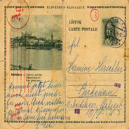 גלויה מאושוויץ-בירקנאו לסלובקיה